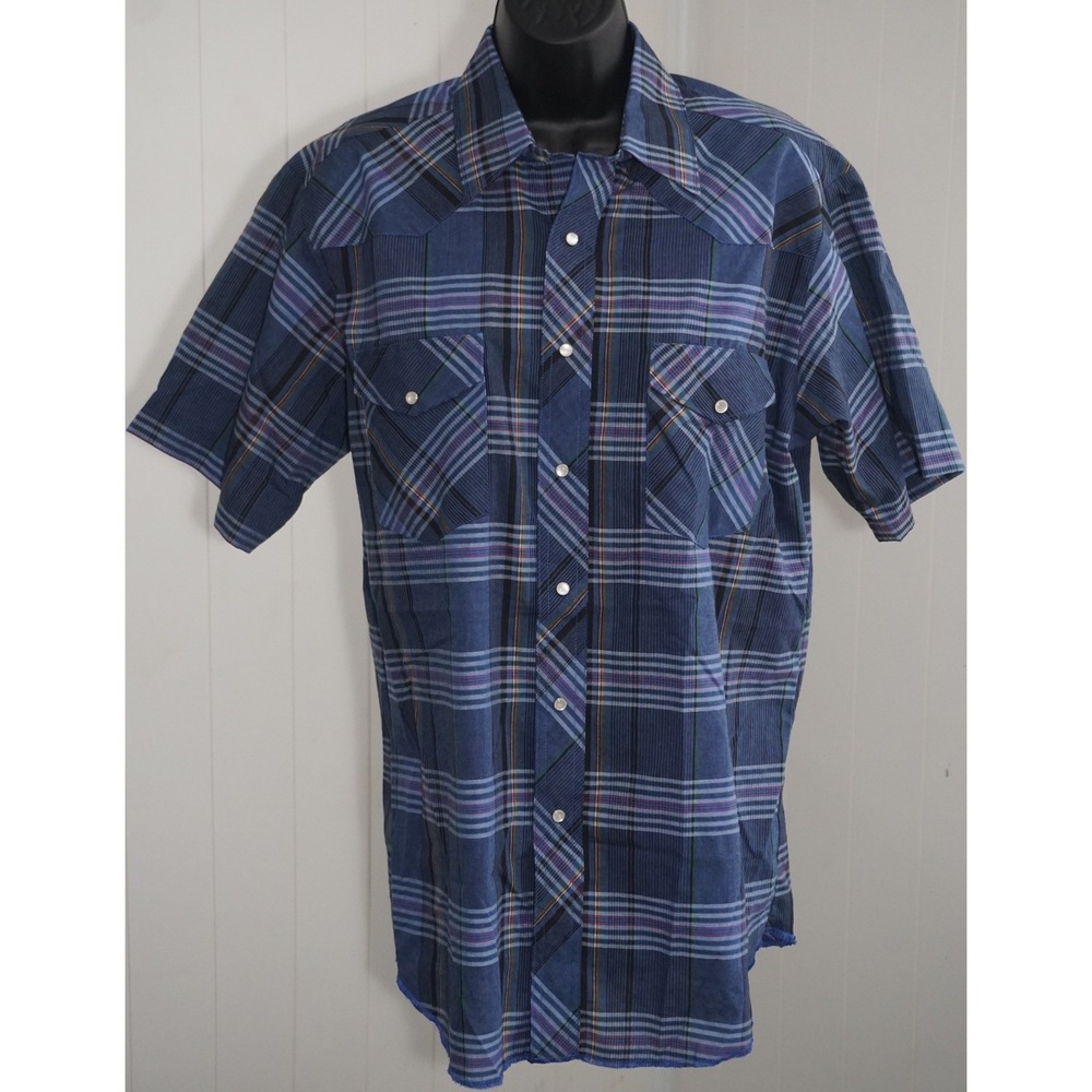 Wrangler Medium Blue Plaid Short Sleeve Western Pearl Snap Shirt